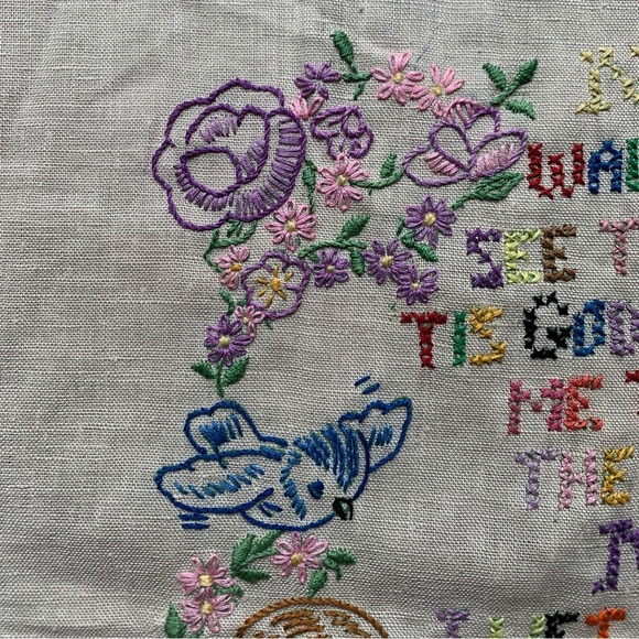 Vintage Childs Prayer Sampler Linen Birds Flowers Boy Girl Baby Nursery - Picture 4 of 6